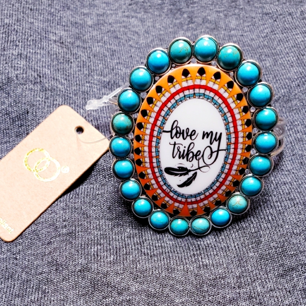 "Love My Tribe" Western Concho Open Cuff Bracelet Turquoise